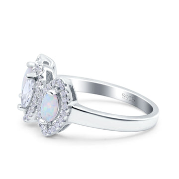 Halo Marquise Three Stone Wedding Bridal Ring Simulated Cubic Zirconia 925 Sterling Silver